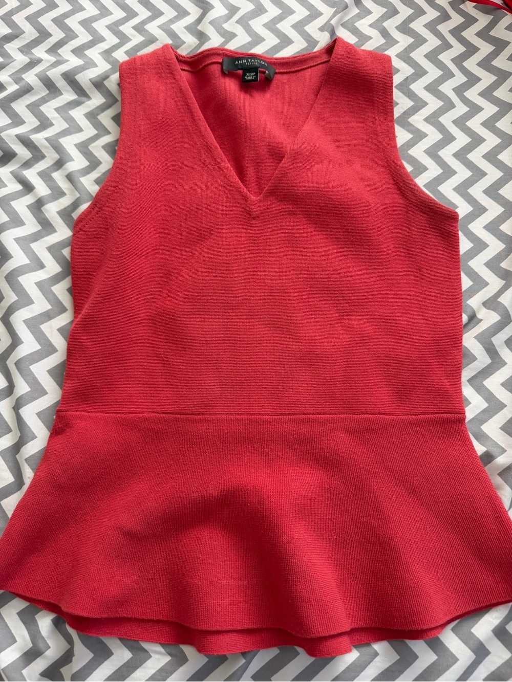 Ann Taylor Coral-Red V-Neck Peplum Knit Tank
